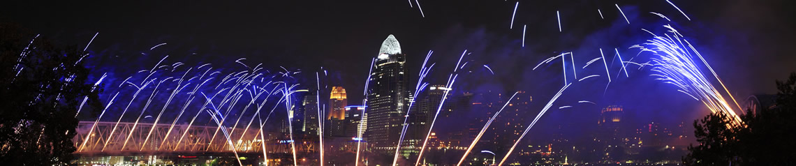 A picture of fireworks at night looking at downtown Cincinnati, Ohio.