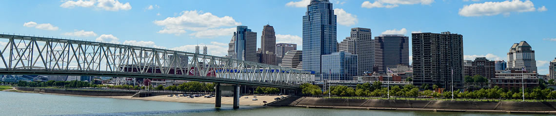 A daytime photo of downtown Cincinnati and Taylor Southgate Bridge.