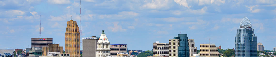 A view of the Cincinnati skyline on a sunny summer day.